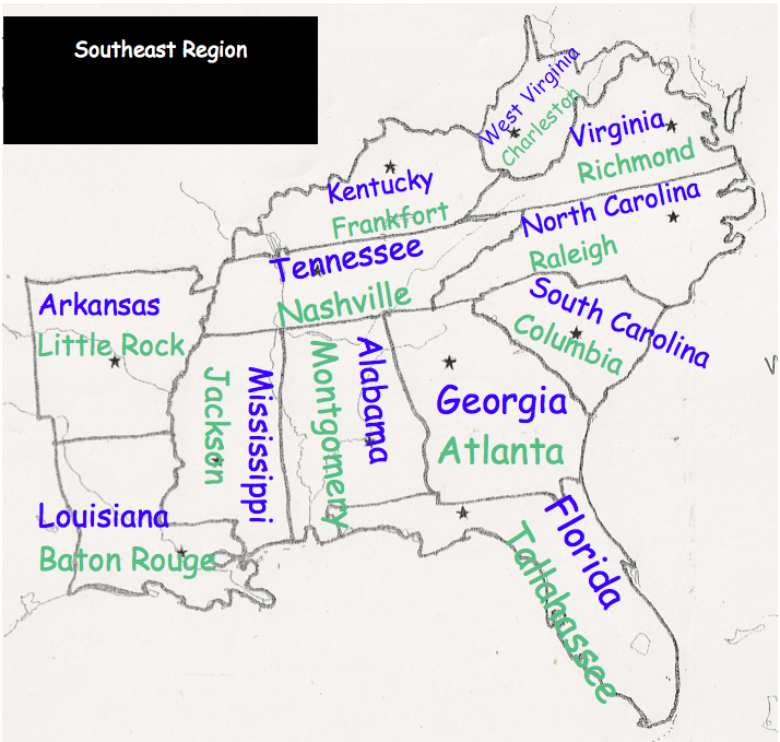31 Southeast Region States And Capitals Map Maps Database Source